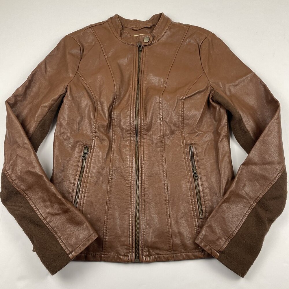 GH Bass Moto Jacket Women's S Faux Leather Brown Stretch Knit Sides